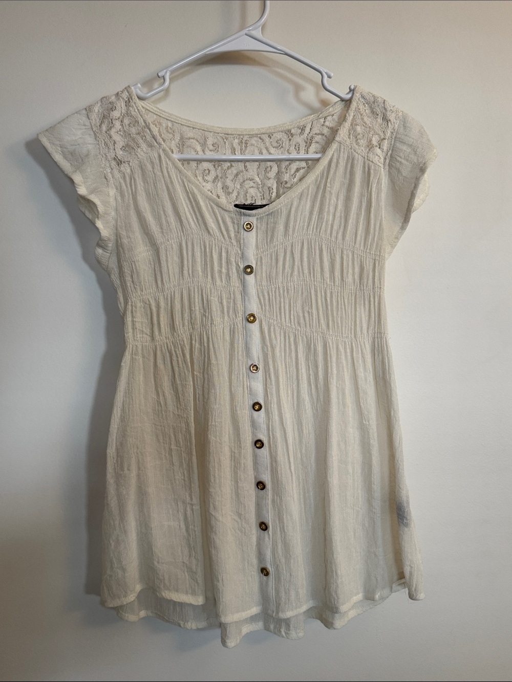 Pearl Cream Button-Down Lace Yoke Tunic